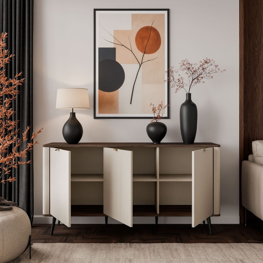 Komoda do sypialni AUTUMN 3D z ryflowanym frontem, kaszmir / orzech