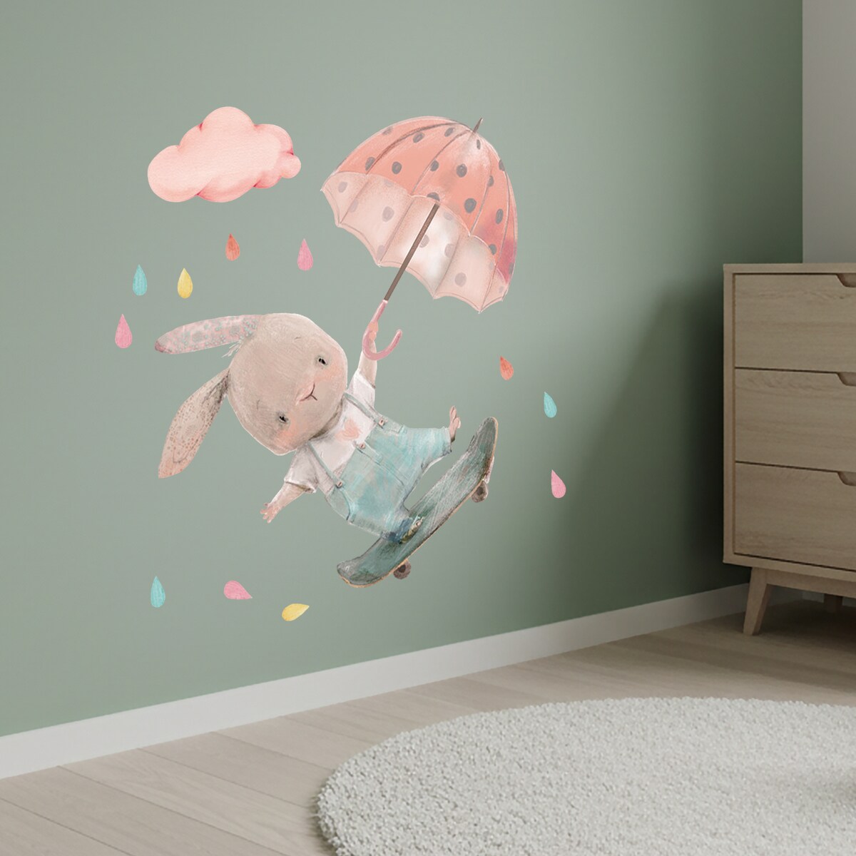 naklejki na ścianę do pokoju dziecka, sipo, króliczek na deskorolce