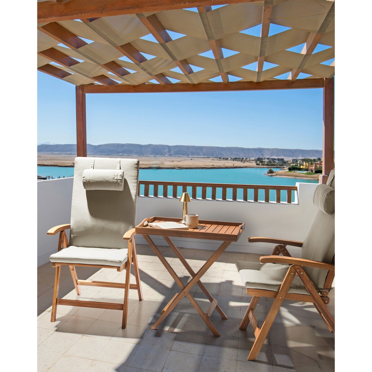 Zestaw 2 krzeseł ogrodowych z poduszkami JAVA PREMIUM Drewno akacjowe Beżowoszary