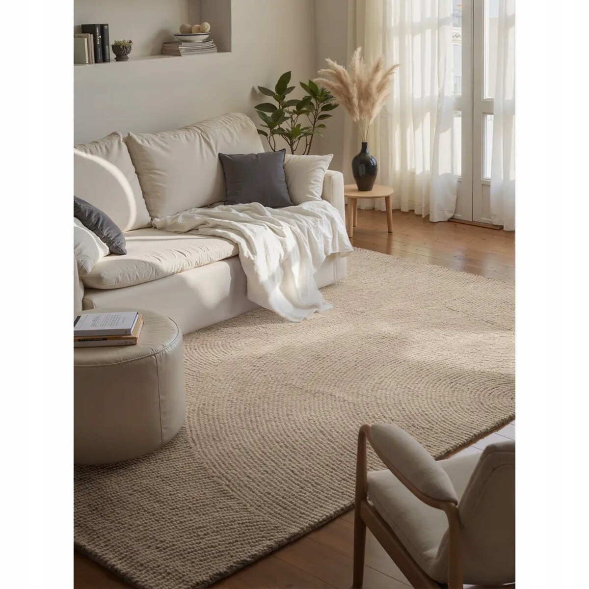 Dywan wełniany do salonu 160x230cm, beżowy wzór w półkola, efekt 3d