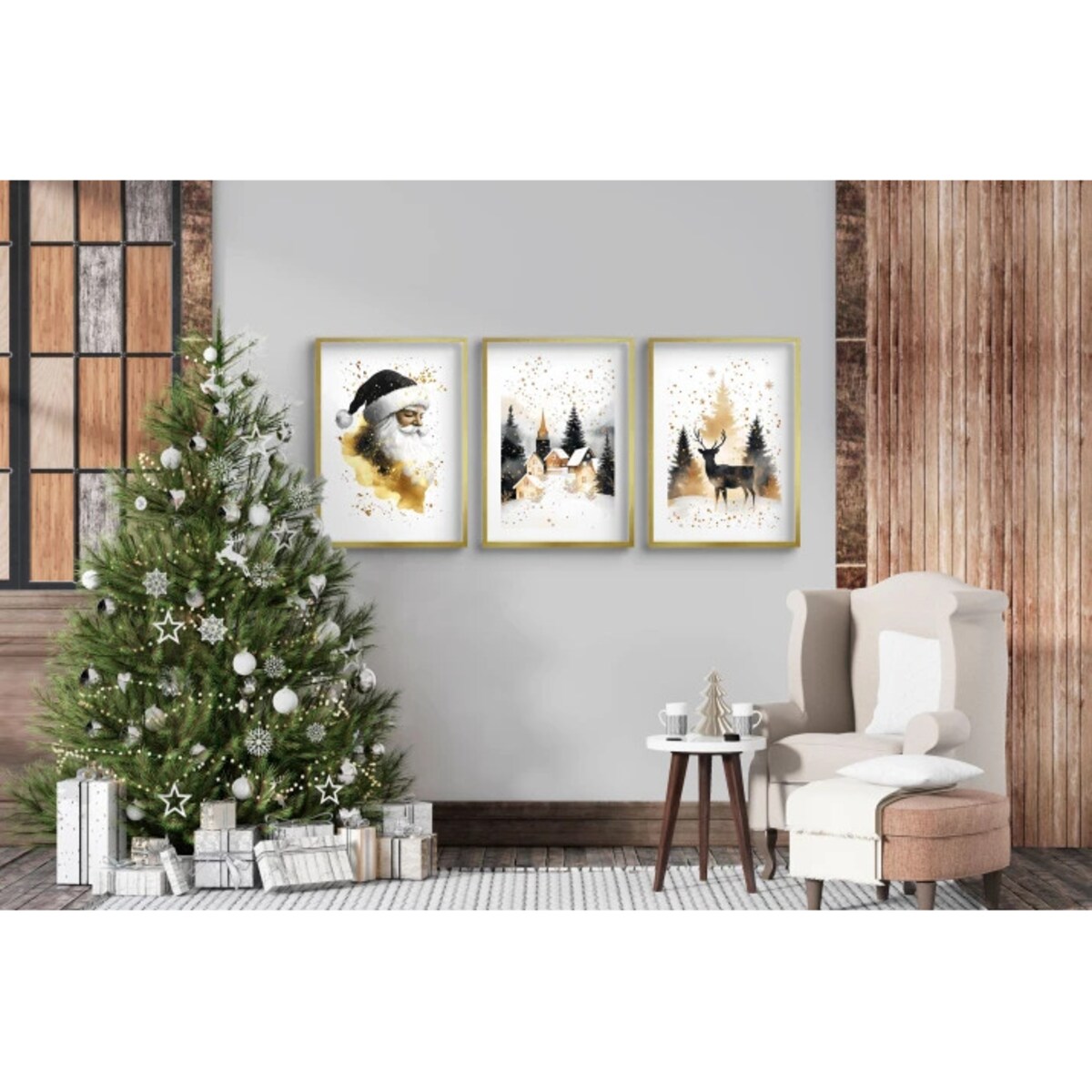 Plakaty na Święta Złote ramki Obrazy Świąteczne do pokoju salonu sypialni