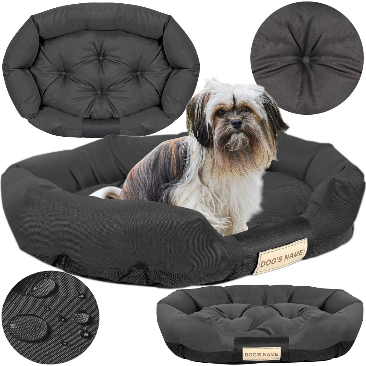 Legowisko Dla Psa 130X105 Cm Z Miejscem Na Imię Wodoodporne Owalne Wygodne Czarne