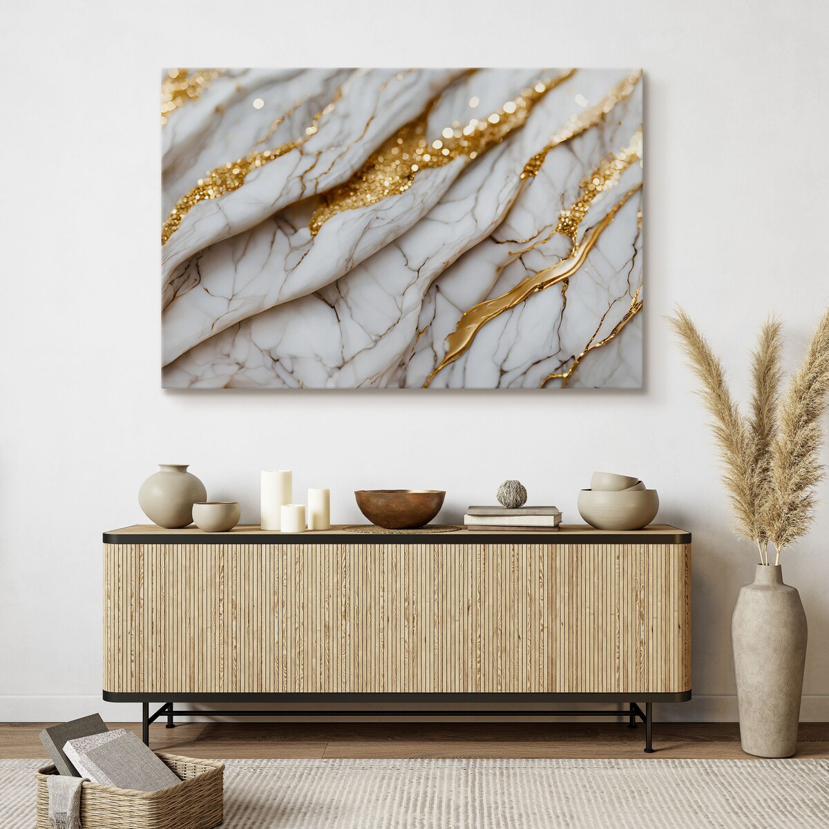 OBRAZ DO SYPIALNI BIAŁY NOWOCZESNY MARMUR ELEMENTY ZŁOTA 40x30cm