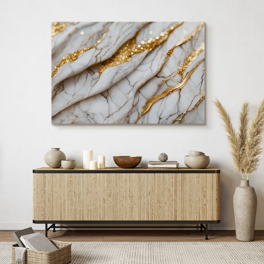 OBRAZ DO SYPIALNI BIAŁY NOWOCZESNY MARMUR ELEMENTY ZŁOTA 40x30cm