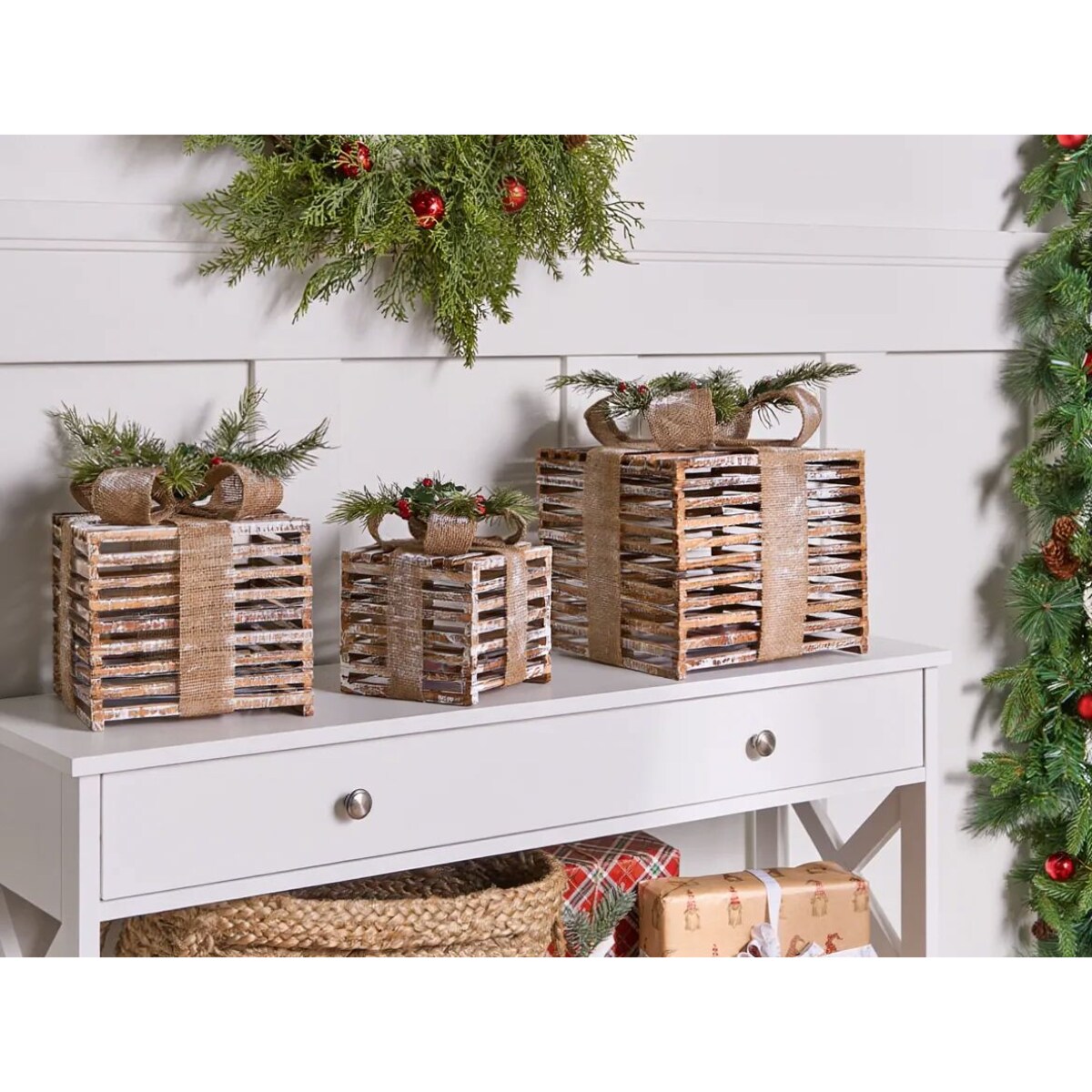 Zestaw 3 dekoracji świątecznych LED ROINE Prezenty świąteczne 15/20/25 cm Brązowy