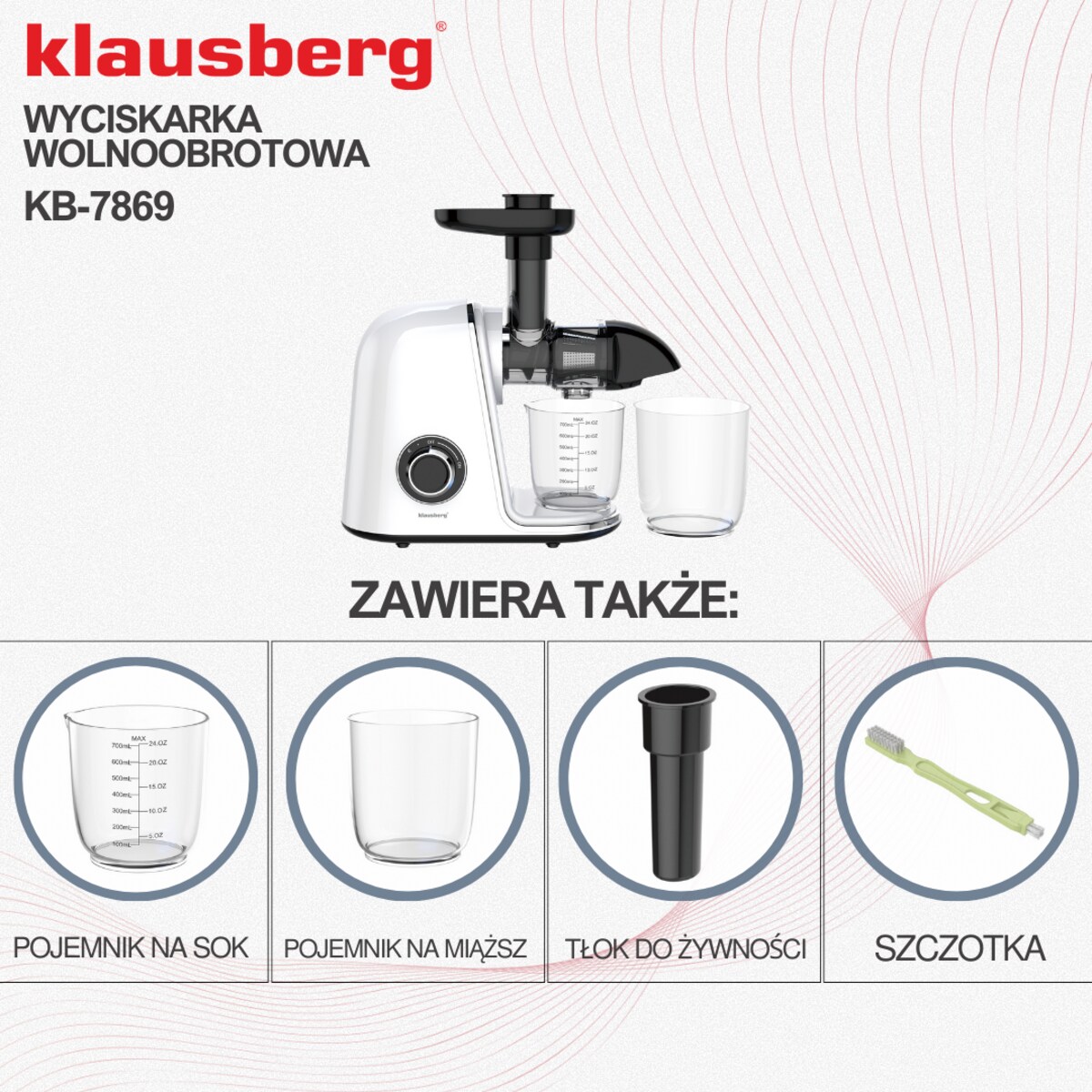 Sokowirówka wolnoobrotowa 150W do owoców i warzyw COLD PRESS KLAUSBERG KB-7869