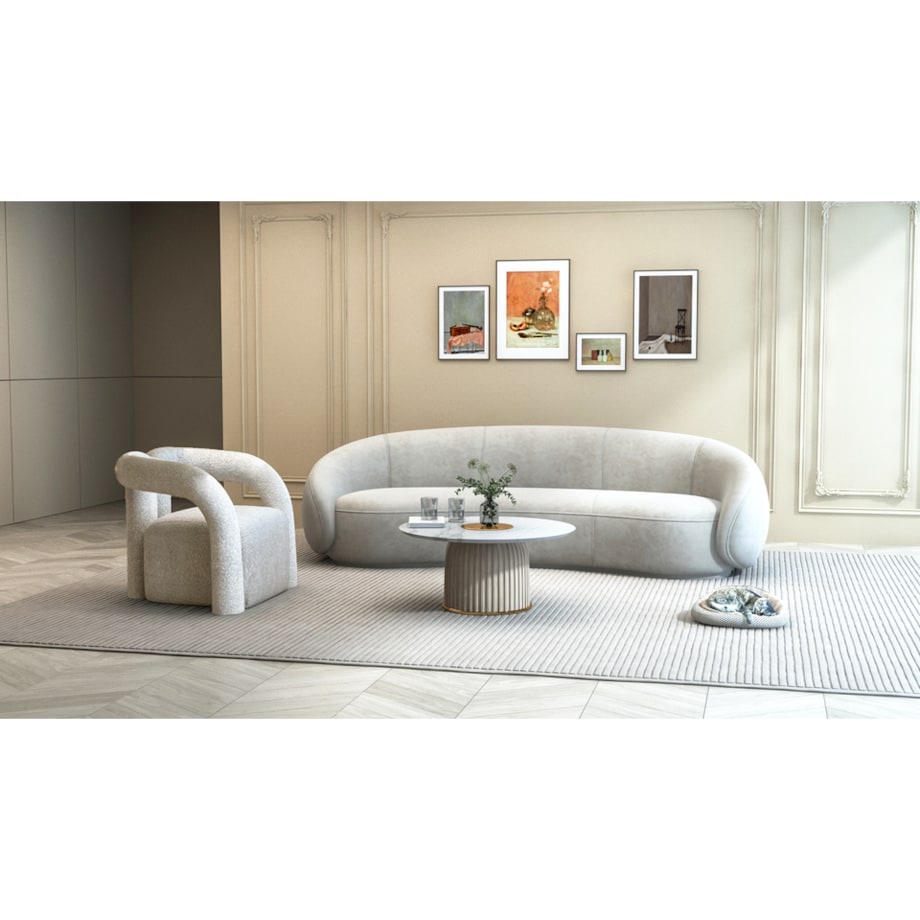 Nowoczesny złoty stolik kawowy okrągły plisowany Premium Blanka z kamiennym blatem o wzorze marmuru 80x80x37