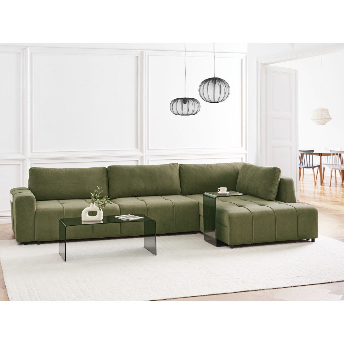 Narożnik rozkładany lewostronny 4-osobowy z pojemnikiem zielony INNVIK