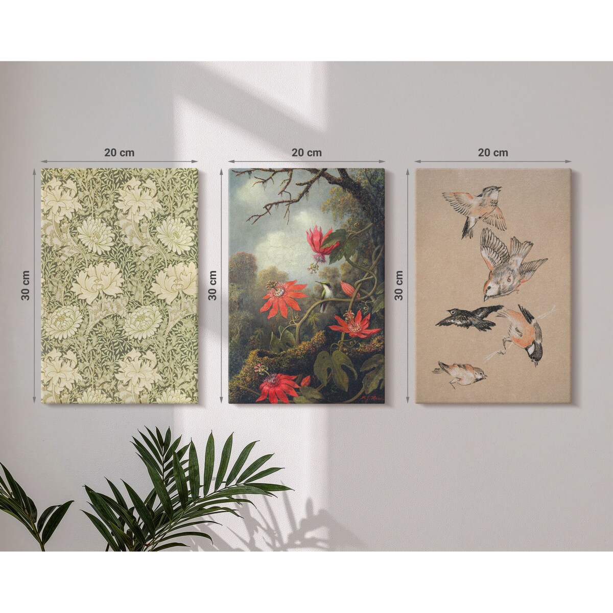 Zestaw 3 małych obrazów na płótnie - Kwiaty ptaki przyroda natura - zielony