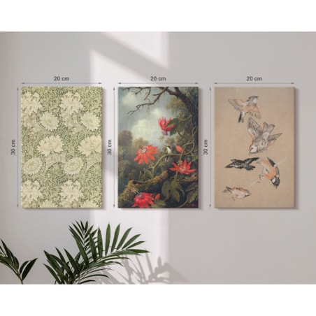 Zestaw 3 małych obrazów na płótnie - Kwiaty ptaki przyroda natura - zielony