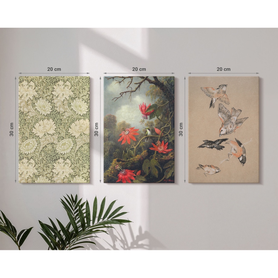 Zestaw 3 małych obrazów na płótnie - Kwiaty ptaki przyroda natura - zielony