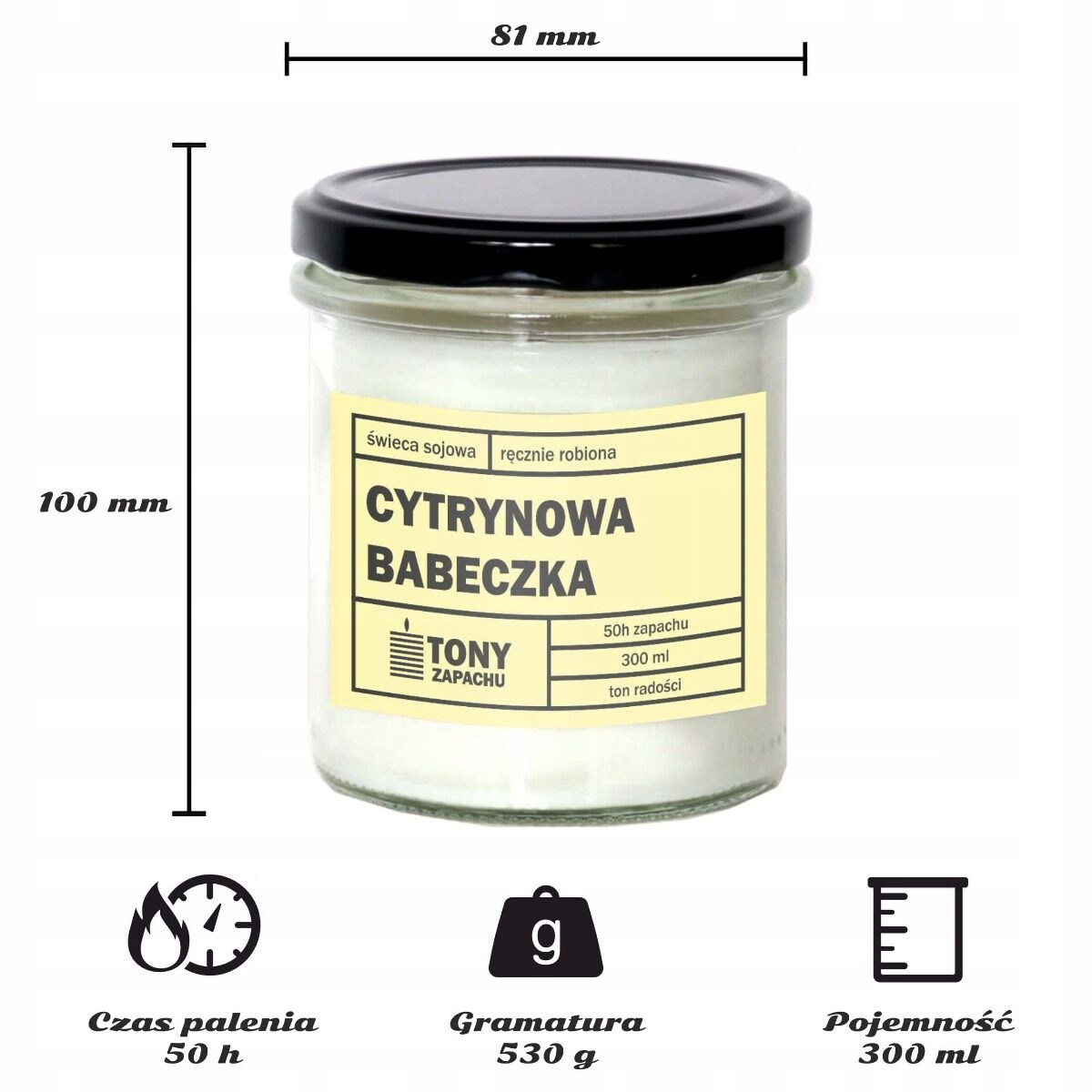 Naturalna ręcznie robiona świeca sojowa zapachowa w szkle CYTRYNOWA BABECZKA 50h palenia 300ml - prezent upominek dla kobiety mamy dziewczyny żony babci niej