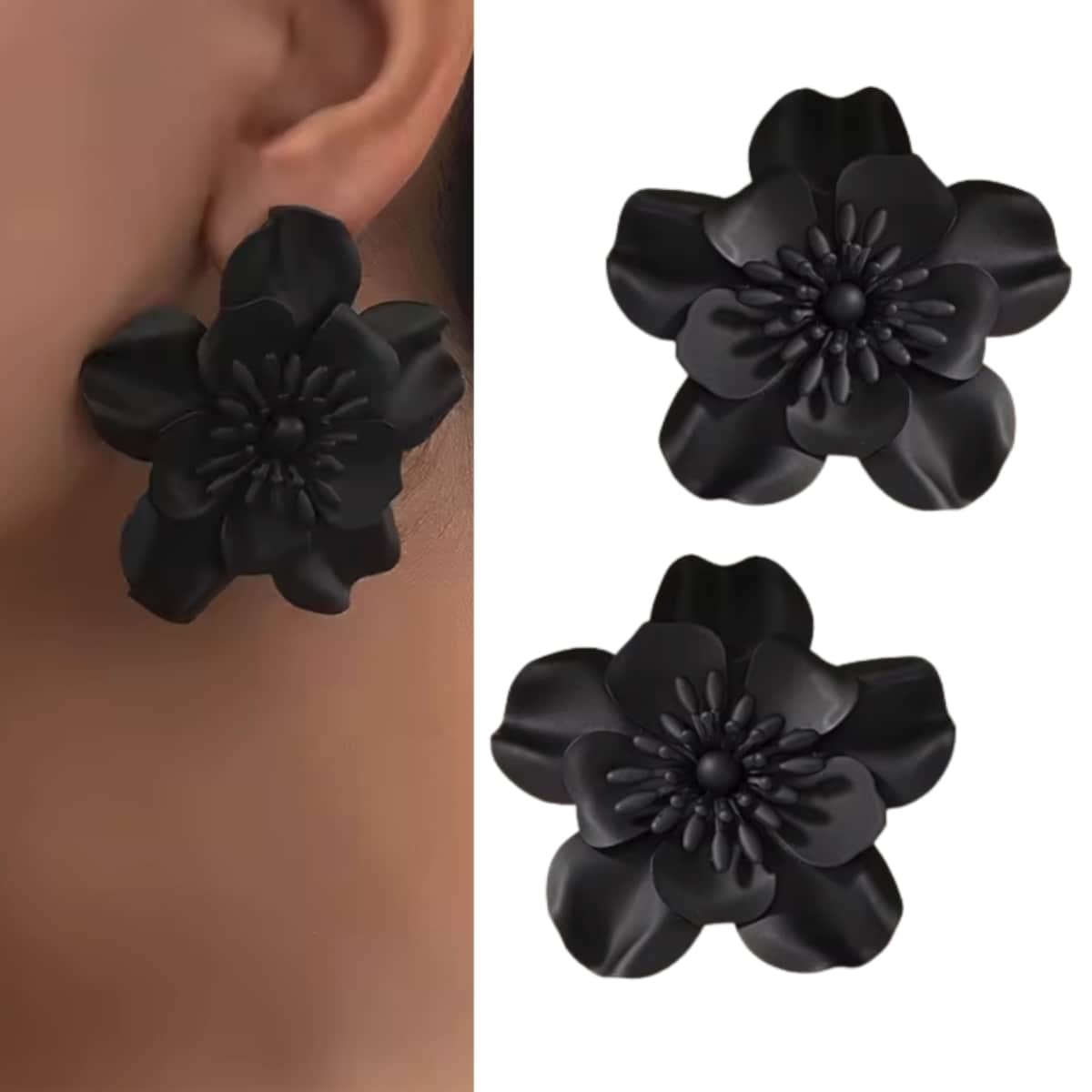 Czarne kwiatowe kolczyki rustykalne metalowe matowe sztyfty damskie wyjście
