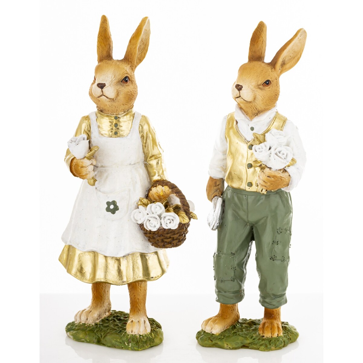 Dekoracja - para królików 21,5x7,5x6 i 22x10x7 cm FRODO-3 z koszem białych róż