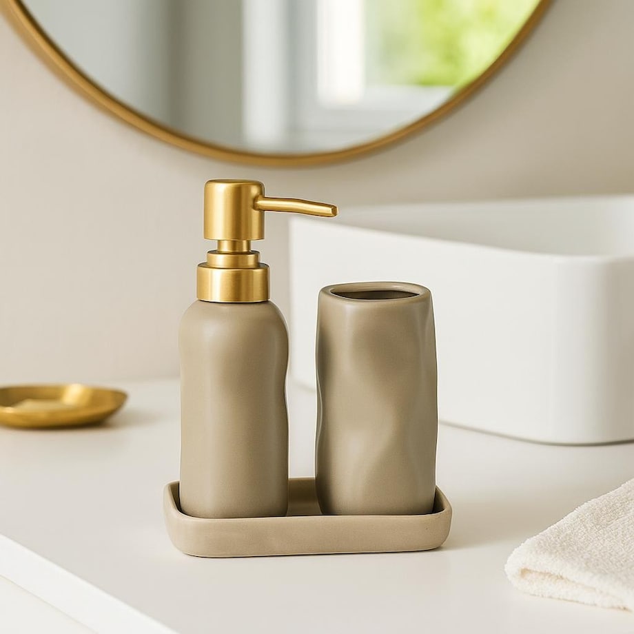 Komplet łazienkowy ze złotą pompką 400 ml 17x14x11 cm FLIKA beżowy