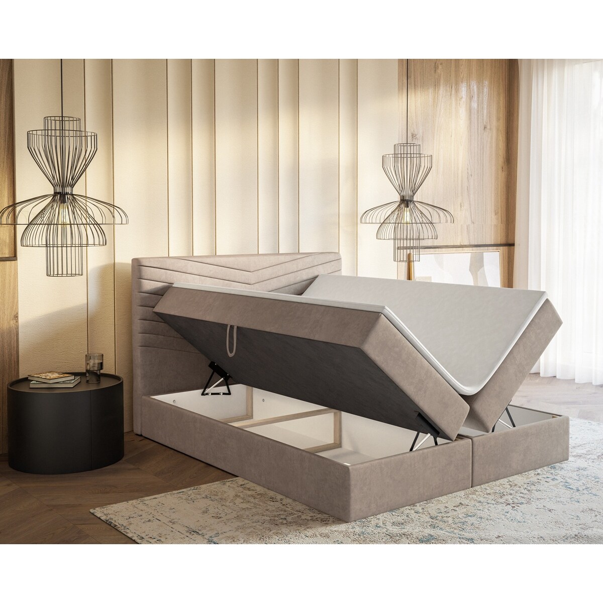 Łóżko kontynentalne G4 do sypialni 160x200 z pojemnikiem i materacem-beżowe