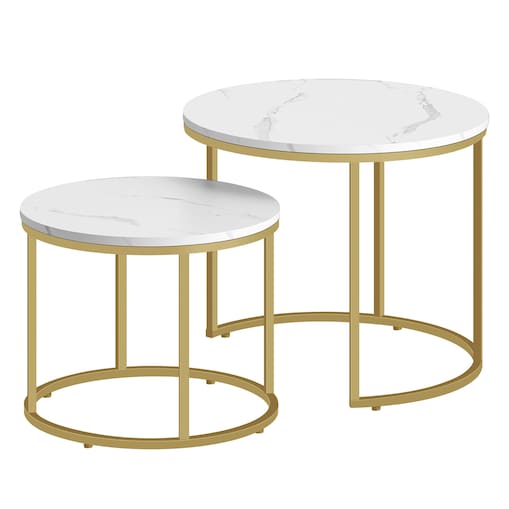 Stolik Kawowy Okrągły 2Szt Marmur, Złoty