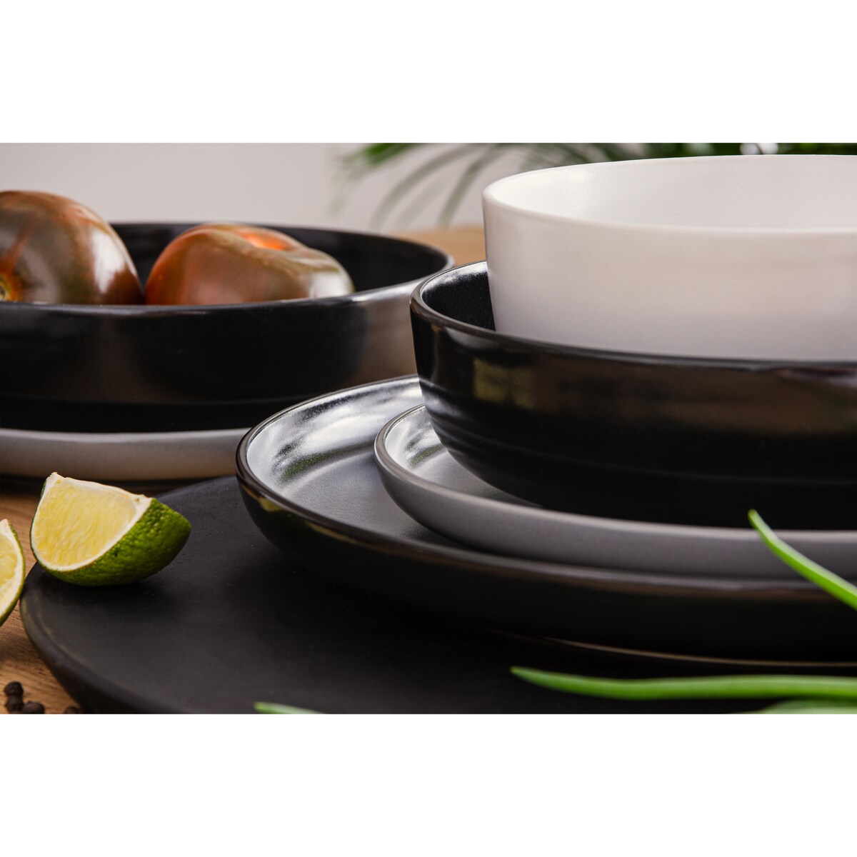 KONSIMO VICTO Zestaw obiadowy 6-osobowy czarno-szaro-biały/czarny (24 elementy)