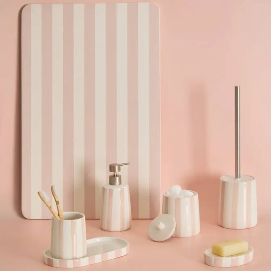 Dozownik ceramiczny w paski biało-pudrowe, 400 ml, Strio