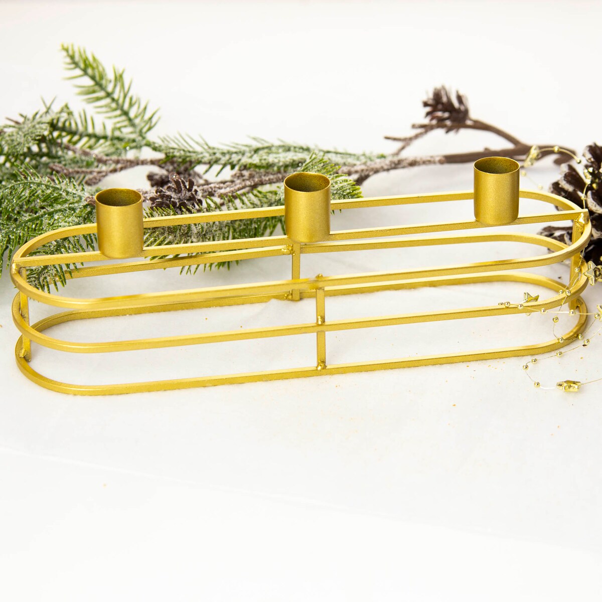 Świecznik Podstawka Na Świeczki Stojak Potrójny Metalowy Złoty 30X8 Cm