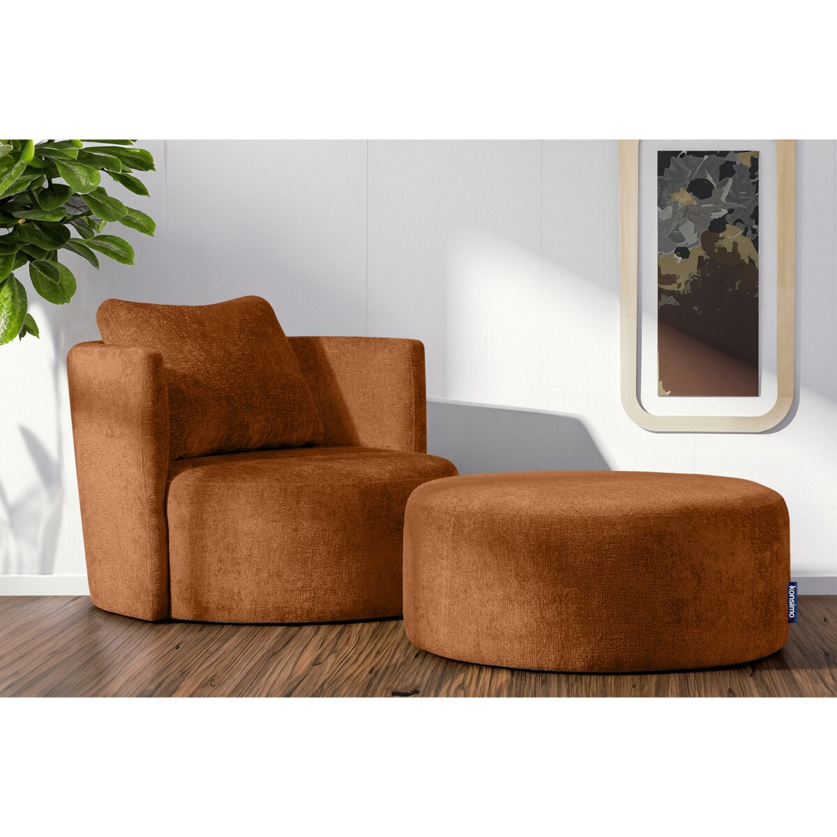 KONSIMO RAGGI Zestaw fotel i puf obrotowy rudy