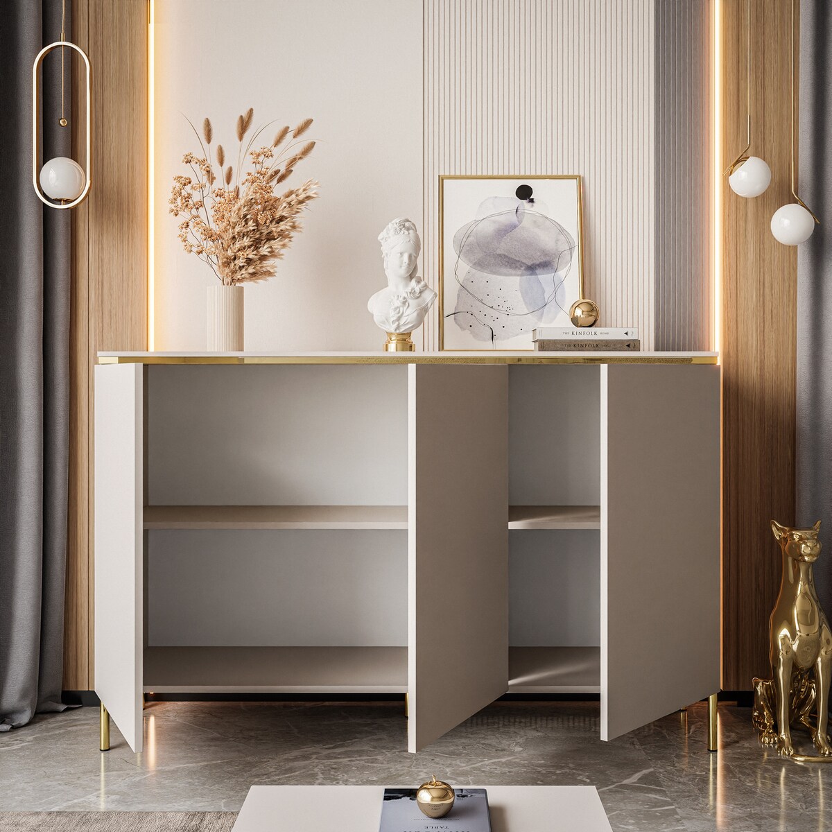 Komoda trzydrzwiowa AURORA KASZMIR 3D proste złote nogi