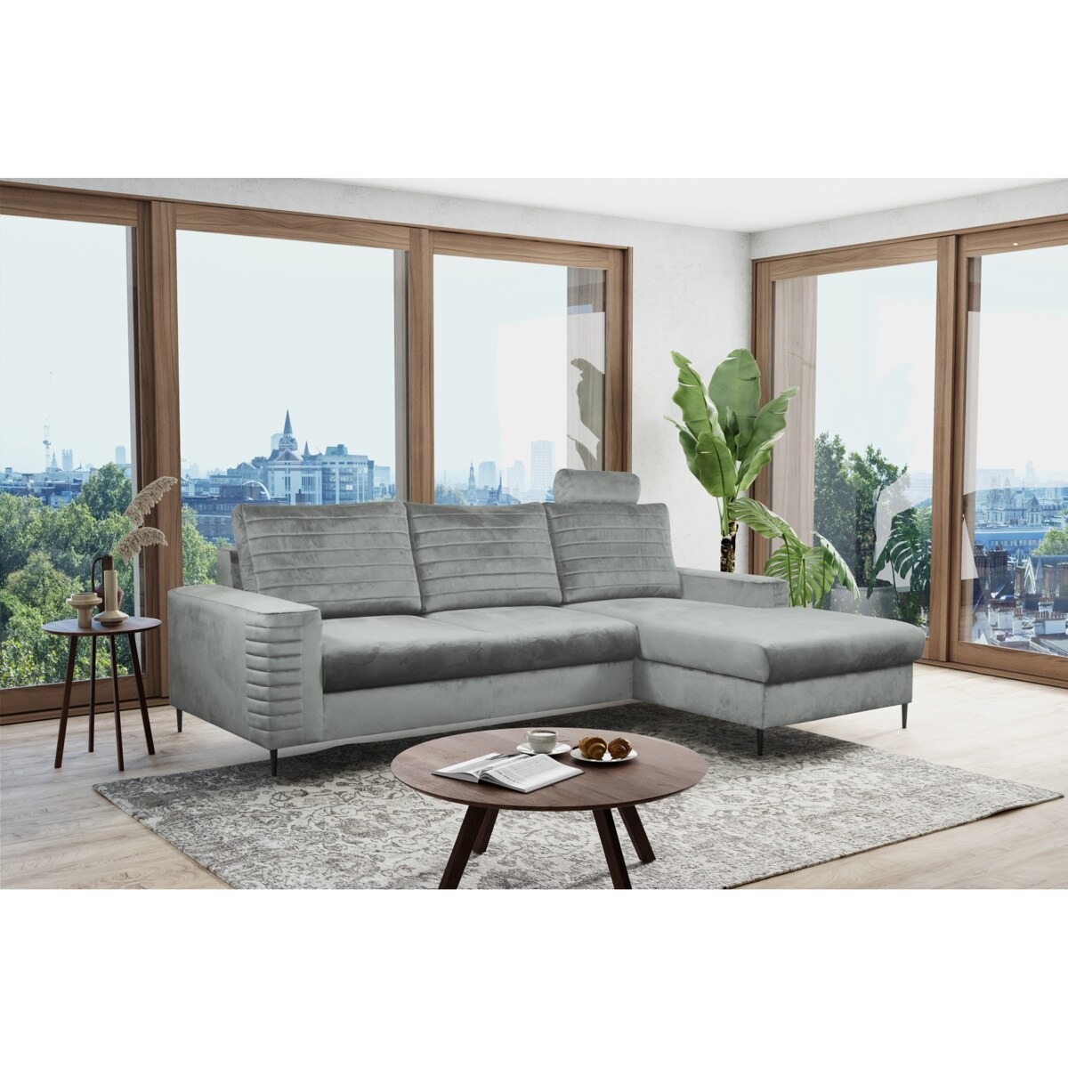 Narożnik rozkładany z zagłówkiem i pojemnikiem OLI, prawostronny, szary