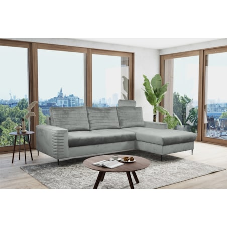 Narożnik rozkładany z zagłówkiem i pojemnikiem OLI, prawostronny, szary