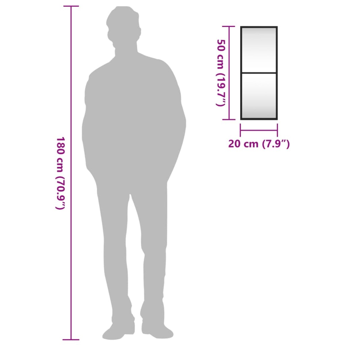 vidaXL Lustro ścienne, czarne, 20x50 cm, prostokątne, żelazo