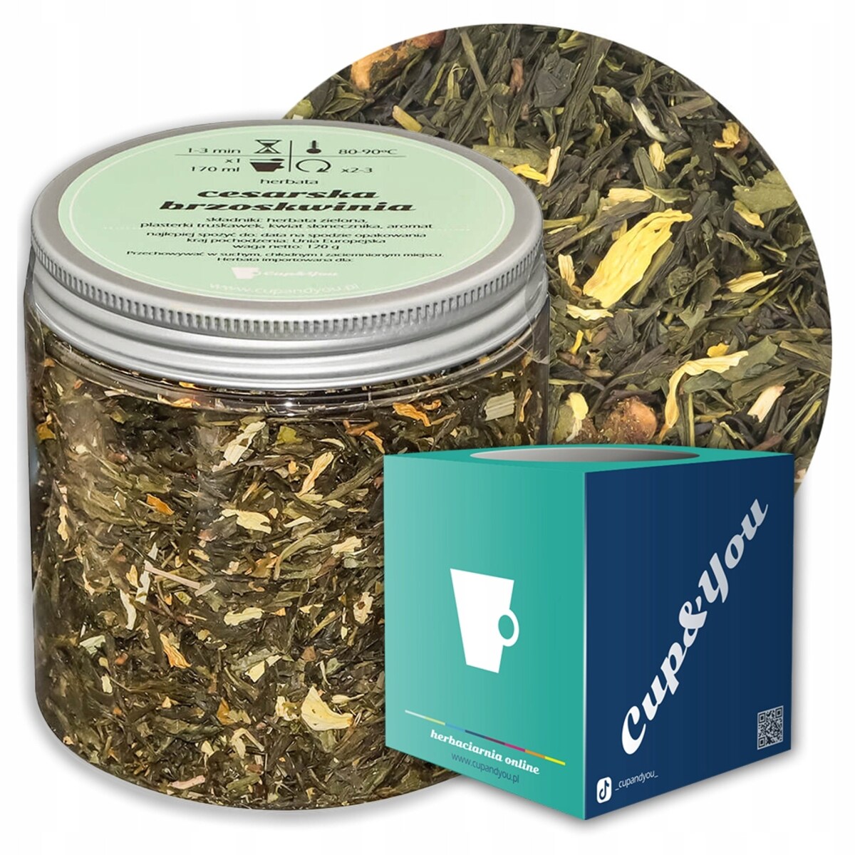 Herbata zielona CESARSKA BRZOSKWINIA o smaku słodkiej soczystej brzoskwini - herbata liściasta sypana mieszanka napar susz - gotowa na prezent upominek