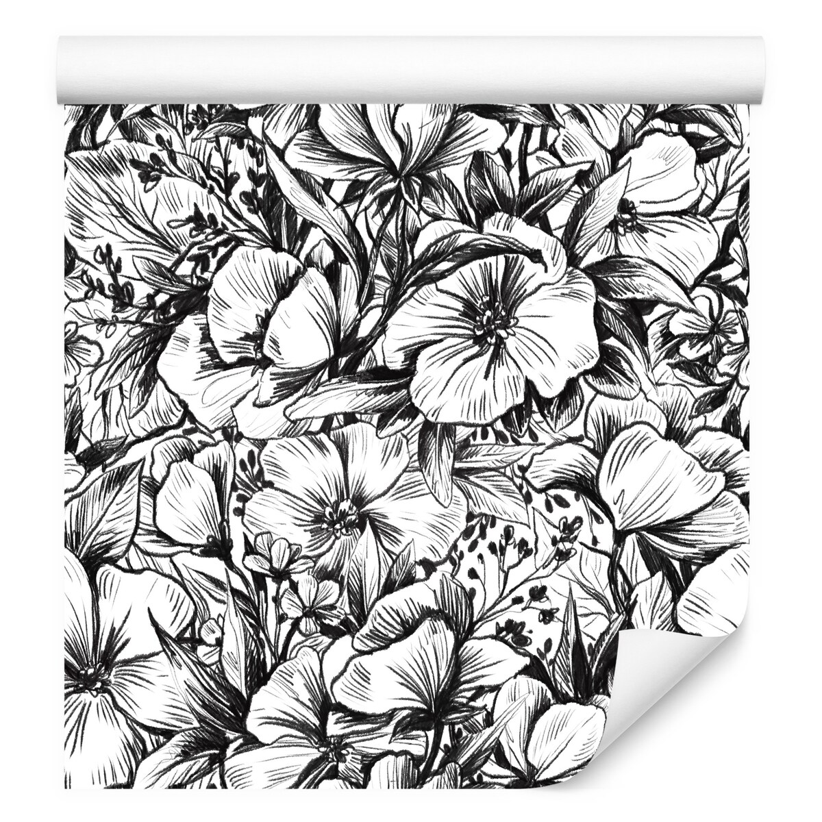 Tapeta Czarno-Białe Kwiaty i Liście