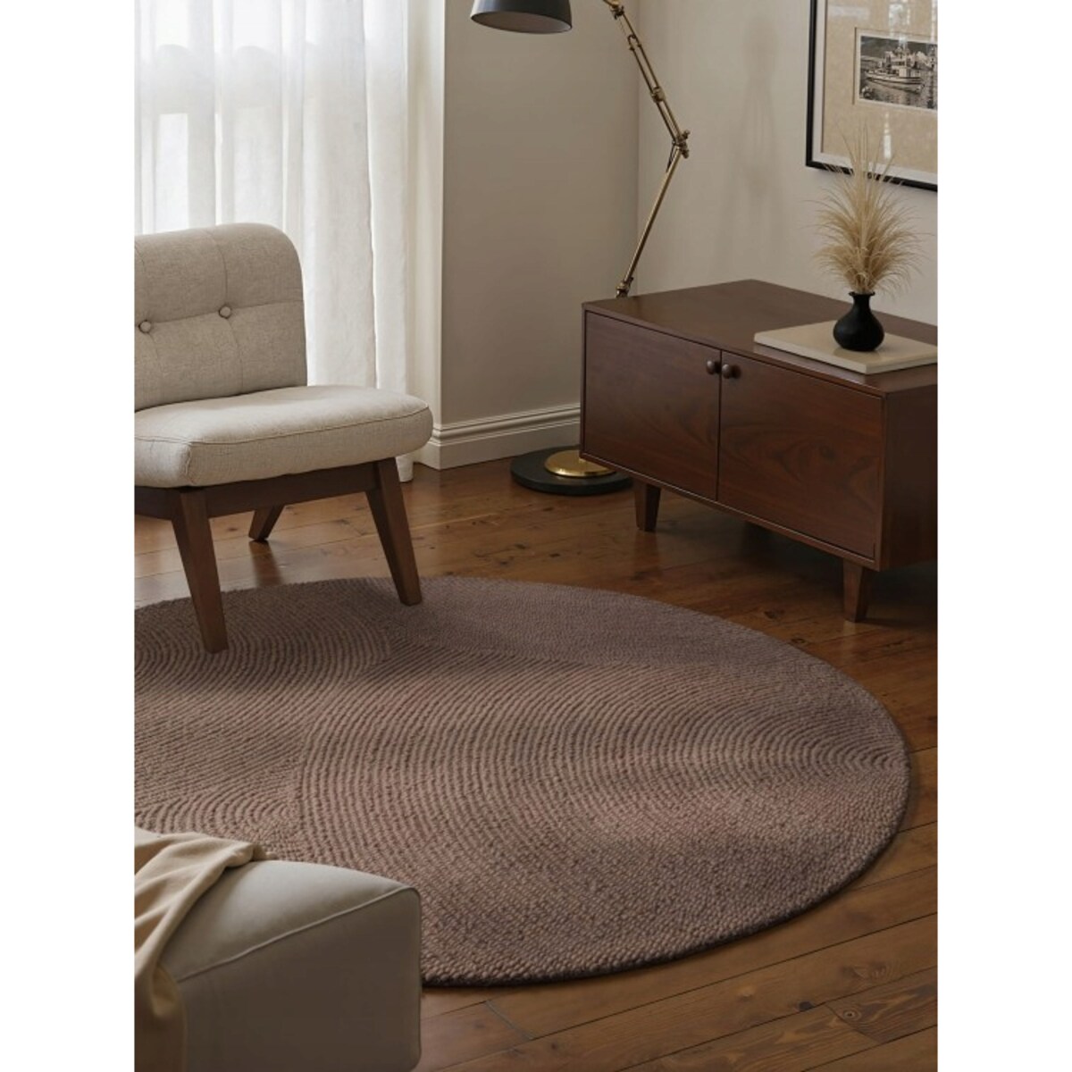 Dywan okrągły wełniany do salonu 120cm, brązowy wzór w półkola, efekt 3d