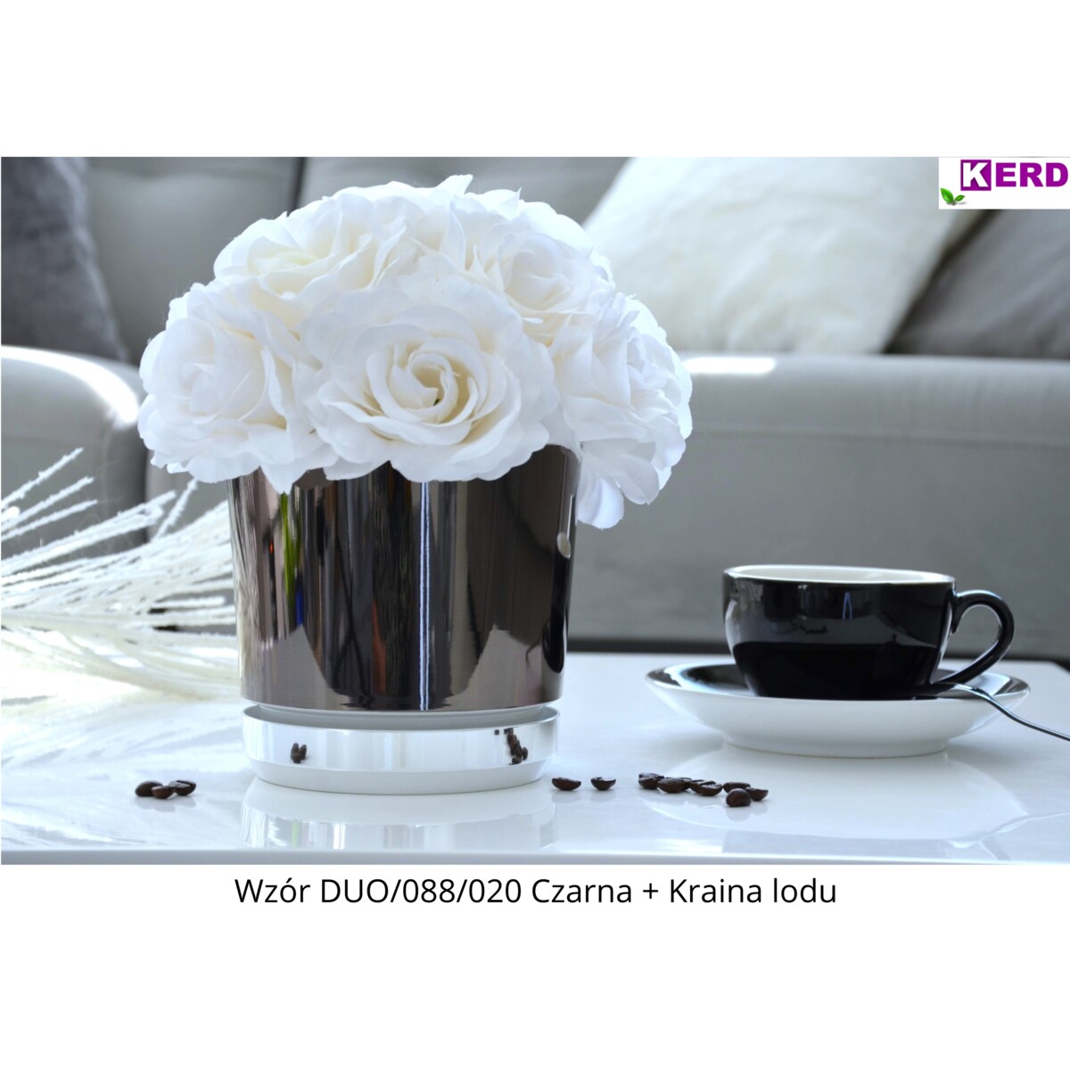 16 Doniczka DUO CZARNA z podstawką KRAINA LODU dwukolorowa nowoczesna glamour efekt lustra wysoki połysk elegancka