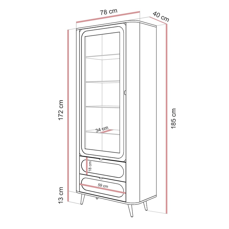 Przeszklona witryna SHADOW II z półkami, oświetlenie LED, nóżki skośne złote