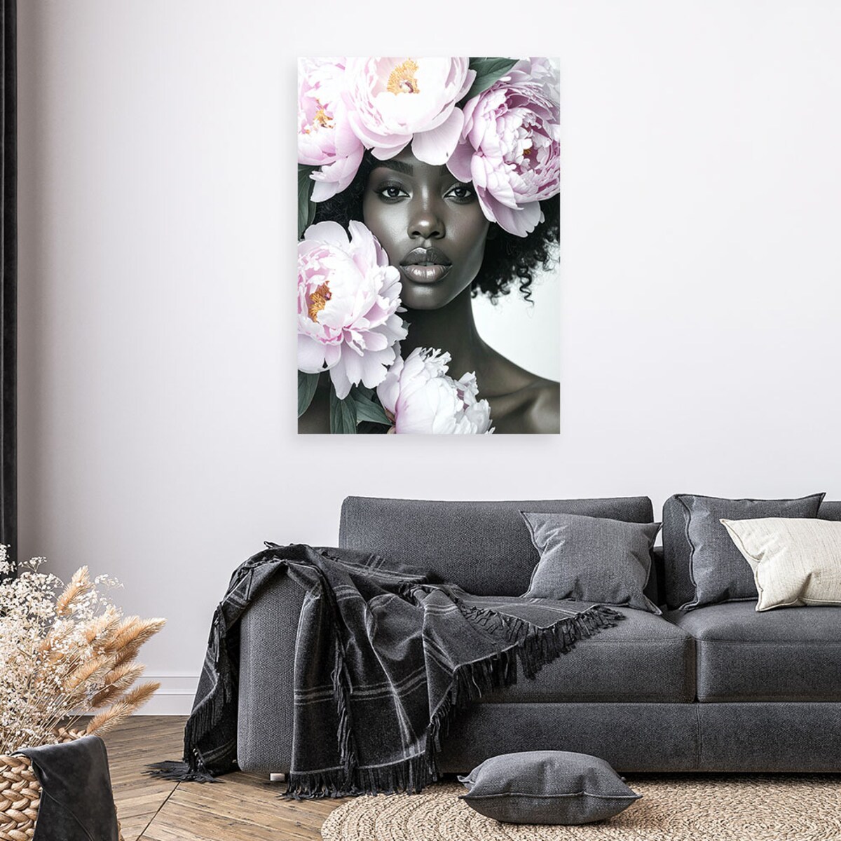 Obraz do salonu sypialni, Kobieta z kwiatami piwonii na głowie 70x100