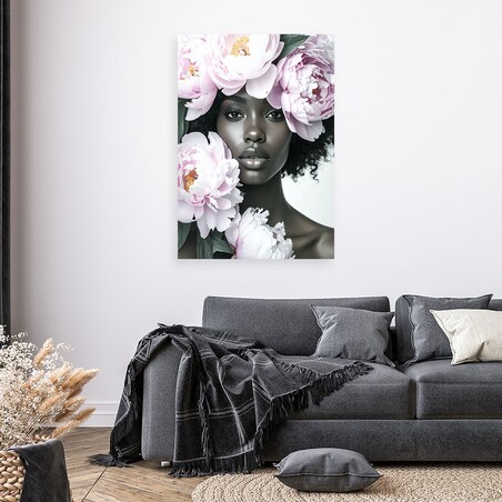 Obraz do salonu sypialni, Kobieta z kwiatami piwonii na głowie 70x100