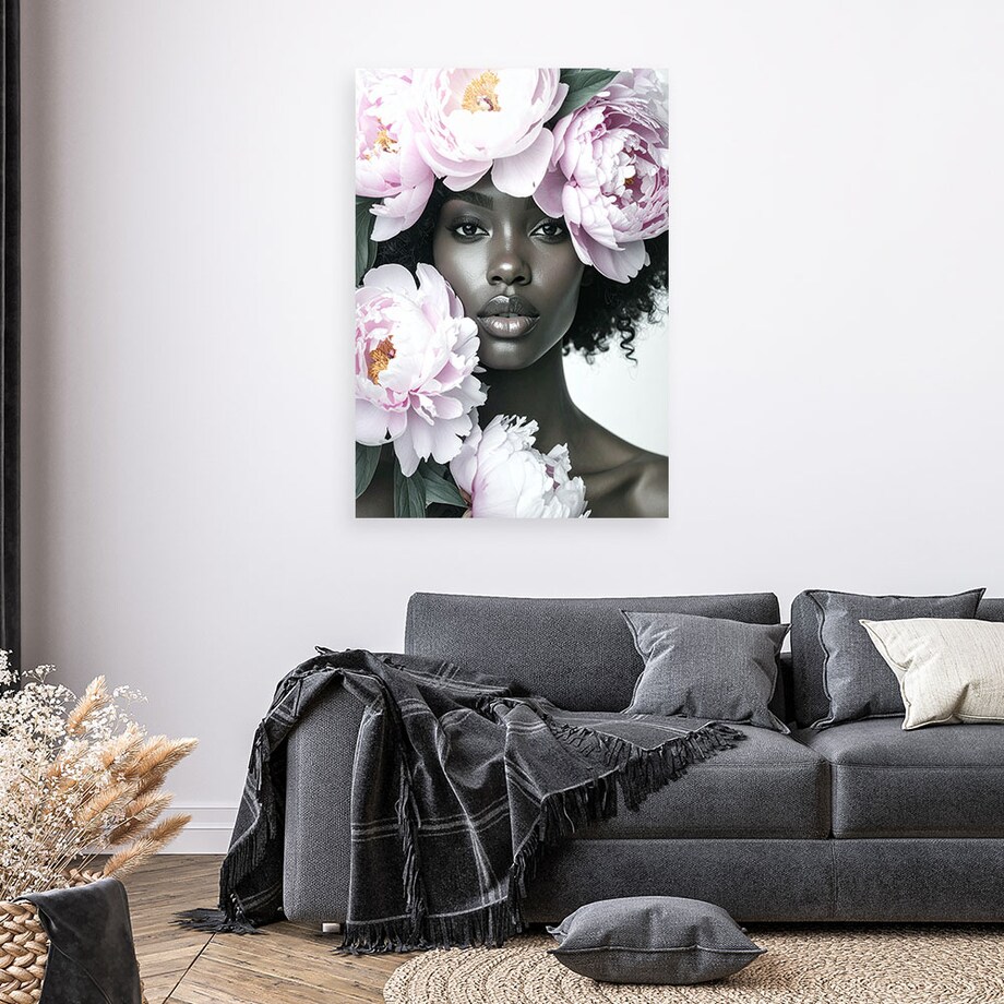 Obraz do salonu sypialni, Kobieta z kwiatami piwonii na głowie 70x100