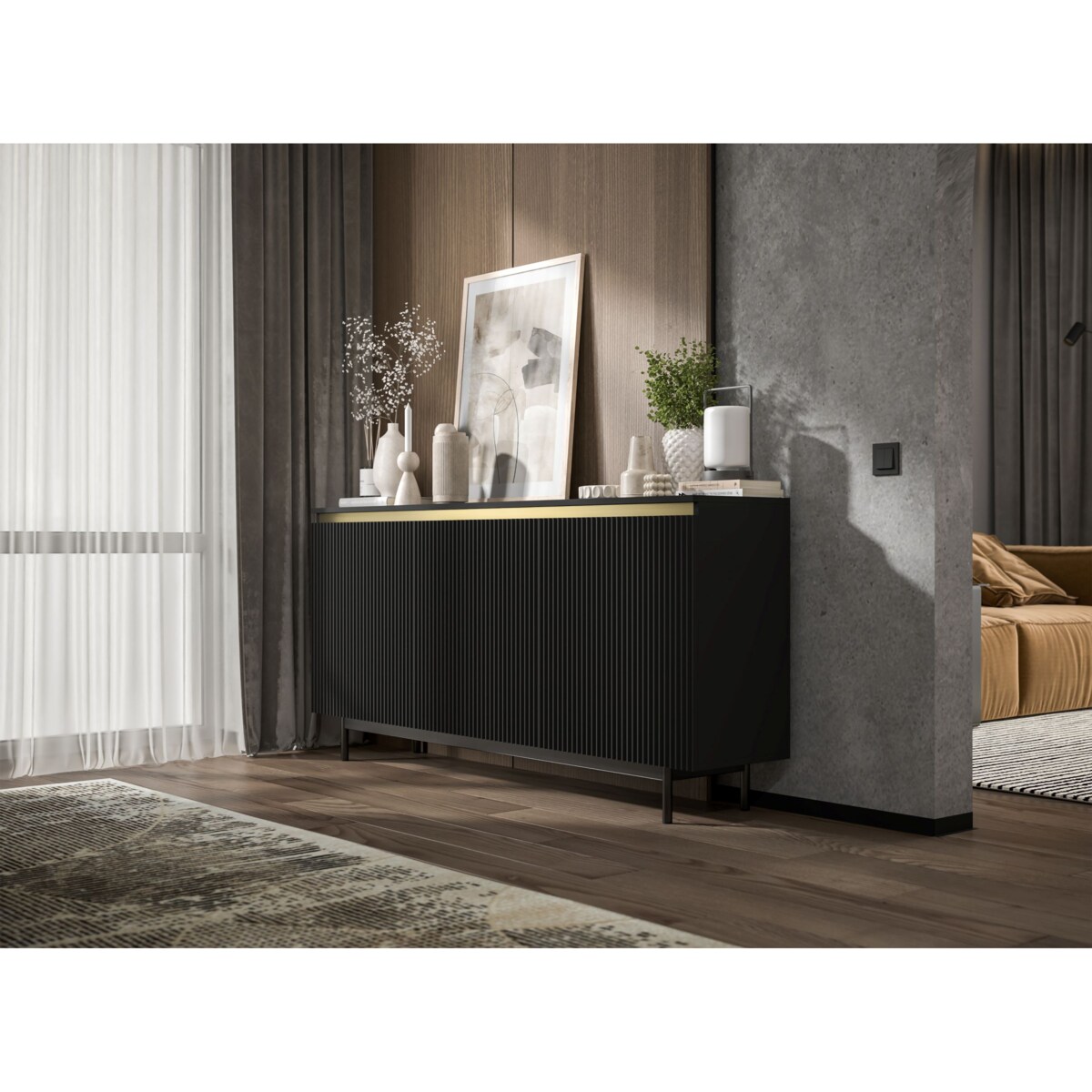 Komoda RTV Glamour 167 cm czarna matowa ryflowane fronty czarna rama
