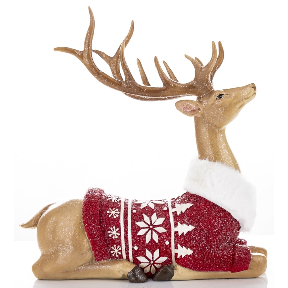 Figurka jeleń leżący w czerwonym sweterku 29x11x26 cm