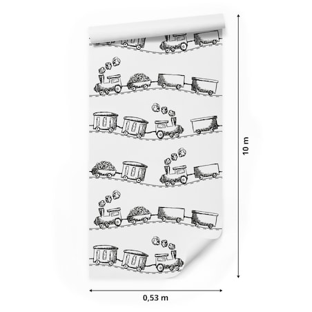 Tapeta Dziecięca Czarno-Białe KOLEJKI Pociągi Parowozy