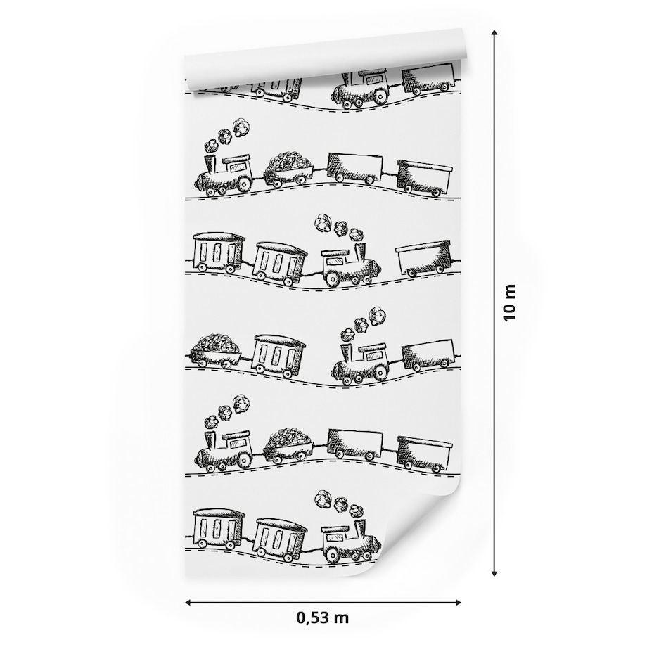 Tapeta Dziecięca Czarno-Białe KOLEJKI Pociągi Parowozy