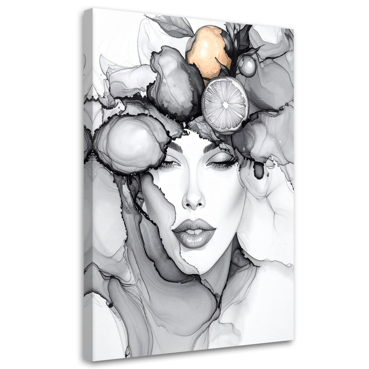 Obraz czarno biały do salonu kuchni, Kobieta z owocami na głowie 40x60