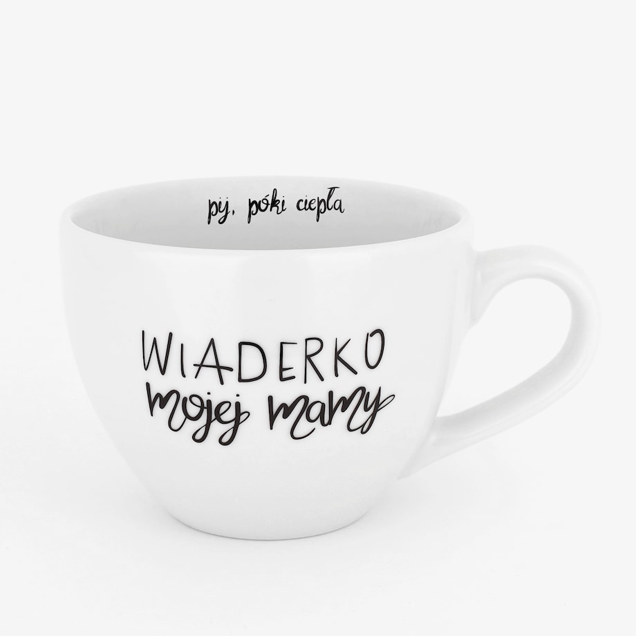 Biały kubek porcelanowy 500 ml - zabawny napis wiaderko mojej mamy dla mamy na Dzień Mamy