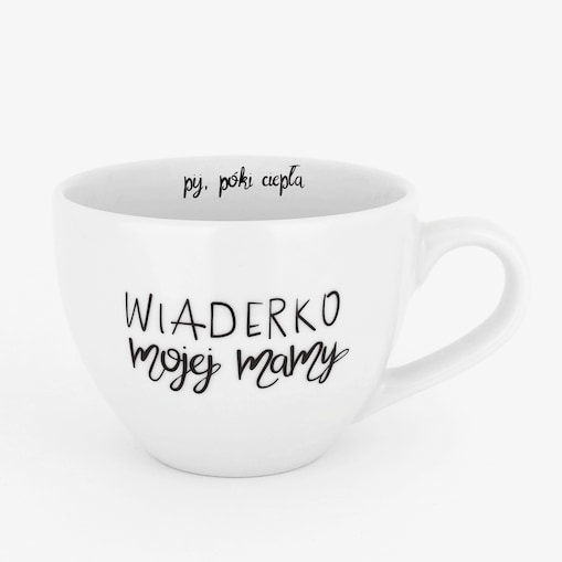 Biały kubek porcelanowy 500 ml - zabawny napis wiaderko mojej mamy dla mamy na Dzień Mamy