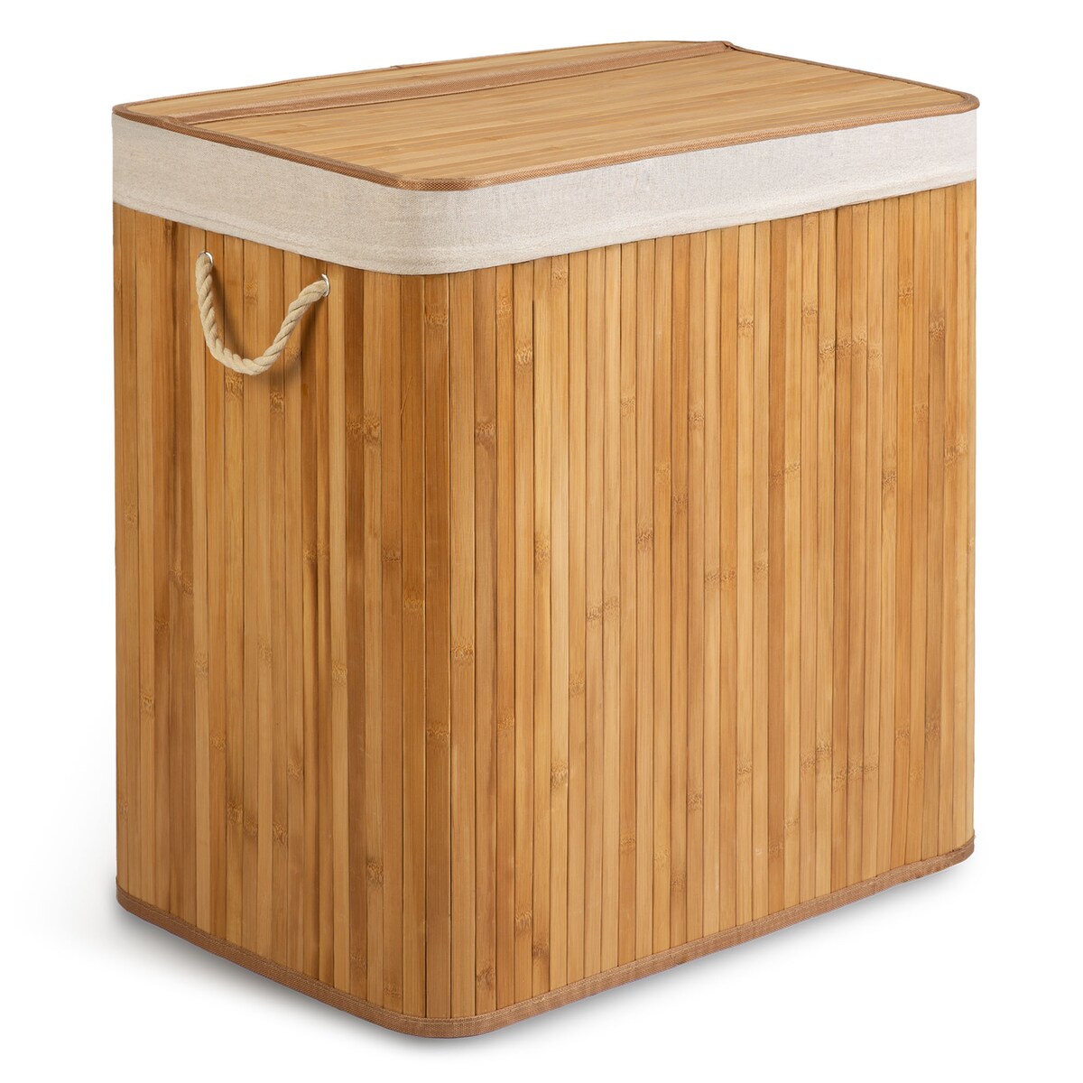 Massido, bambusowy kosz na pranie z pokrywą 150l, naturalny beżowy trzykomorowy 61x62x42 cm