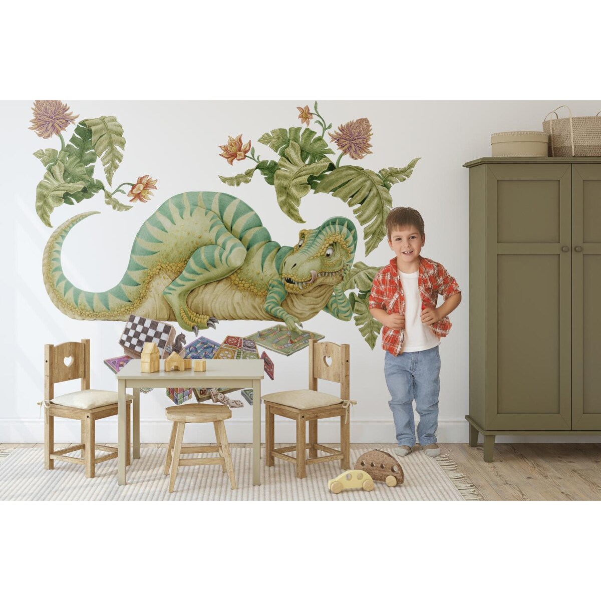 Zestaw naklejek na ścianę, Pastelowy Dinozaur z planszówką, 100cm