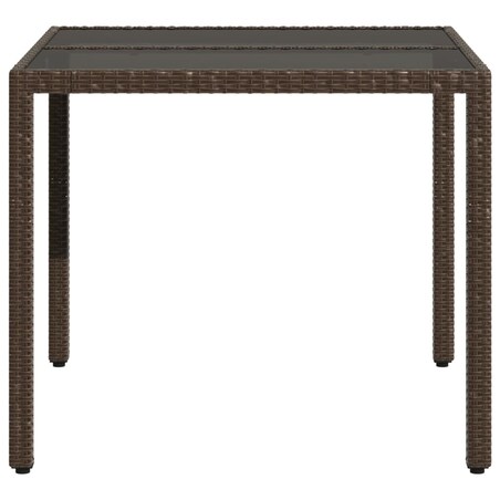 vidaXL Stół ogrodowy ze szklanym blatem, brąz, 90x90x75 cm, polirattan