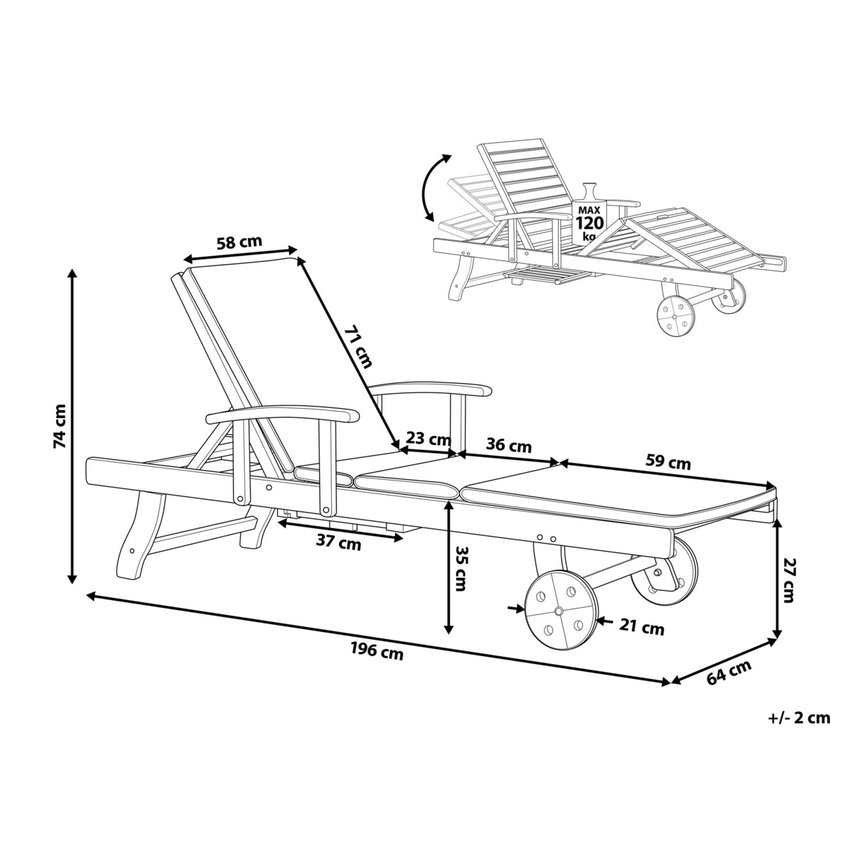 Leżak ogrodowy z poduszką AMANTEA PREMIUM Drewno akacjowe Jasnobeżowy