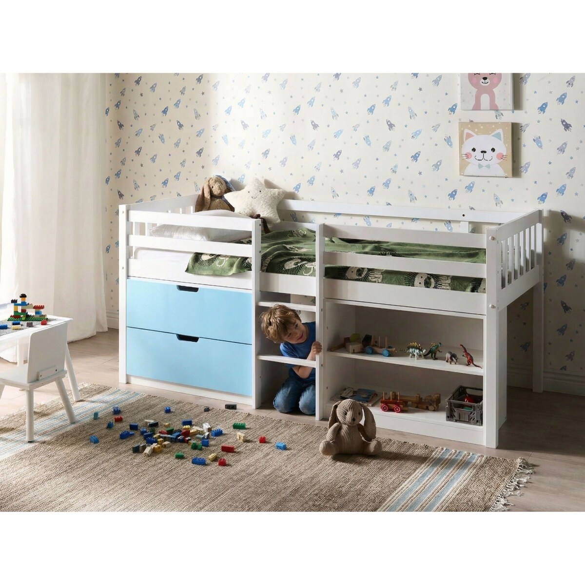 Łóżko na antresoli Drewno SUSVILLE 90 x 200 cm Niebieski