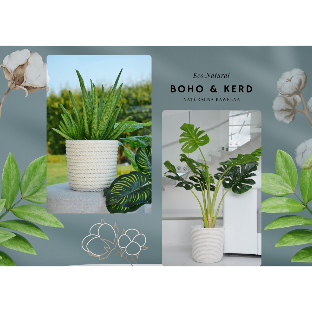 42 BOHO sznurek BIAŁA BAWEŁNA wysoka osłonka + wkład doniczka koszyk naturalny gruby sznurek LINA z trawy plecionej JUTA styl skandynawski etno loft marynistyczny wzór 42/BB16